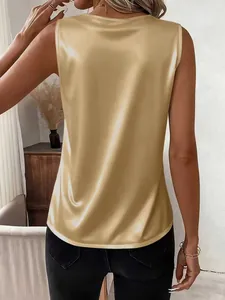 Detailed back view of an elegant champagne satin sleeveless blouse for summer wear