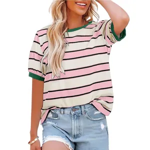 Casual women's striped loose crew neck short sleeve T-shirt with contrast cuffs