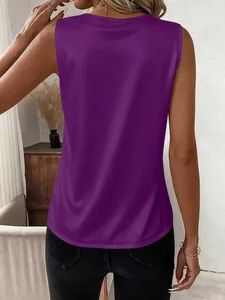 Back view of a minimalist elegant purple sleeveless satin shirt top shown on a model
