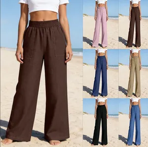 Damen Hohe Taille Hose Weitem Bein Loose Einfarbig Bodenlang Denim Jeans Mit Großen Taschen Casual Fashion Unterteil