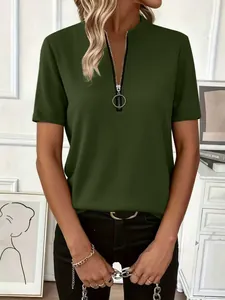 Donkergroen dames-T-shirt van ribgebreide stof met ritssluiting en ringtrekker