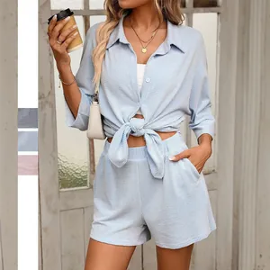 Women's Fashion Casual Striped Two Piece Set Knitted Texture Top And Bottom Shirt With High Waist Shorts Summer Outfit