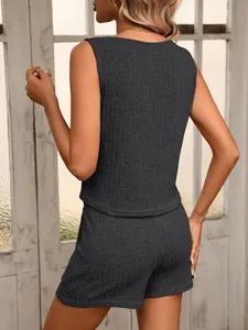 Back view of women's ribbed two-piece sleeveless tank top and shorts set in dark gray