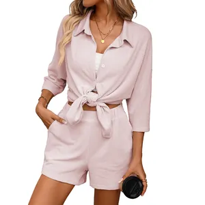 Pink striped long sleeve shirt and high waisted shorts casual two-piece set for women