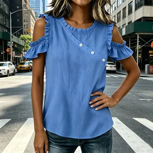 Stylish blue cold-shoulder chiffon top with ruffle details and diagonal buttons