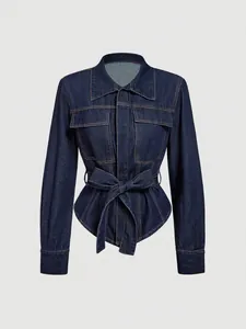 Damen Mode Jeansjacke Mit Taillengürtel Langarm Polokragen Kontrastnähte Casual Dunkelblau Jacke Top