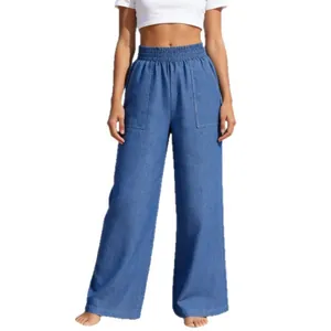 Damen Denim-Hose mit hohem Bund, weitem Bein und einfarbigem bodenlangem Design