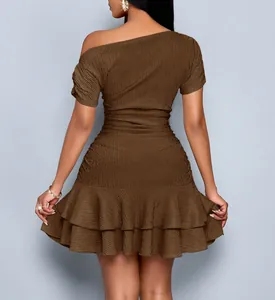Back view detail of elegant brown one-shoulder slim fit dress with ruffle hem