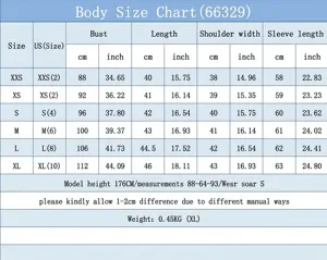 Detailed women's denim jacket size chart showing bust, length, and sleeve measurements