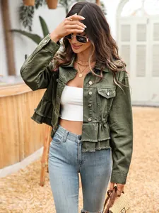 Women's olive green cropped denim jacket with ruffled hem and silver button details.