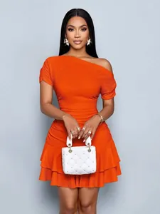 Elegant orange one-shoulder slim-fit dress with ruffle layers and ruched detail