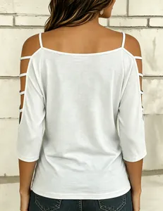 Detailed back view of a white cold-shoulder T-shirt featuring elegant cut-out sleeves