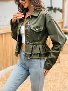 Chic army green denim jacket for women featuring a ruffled hem and frayed trim details.