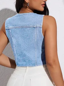 Back view detail of a light blue washed cropped denim vest top for women