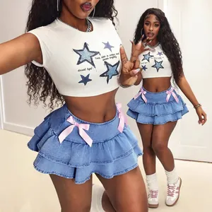Women Sweet Cool Tiered Denim Mini Skirt With Pink Bows Ruffle Hem Washed Jean Skirt Y2K Style Bottom For Party Casual