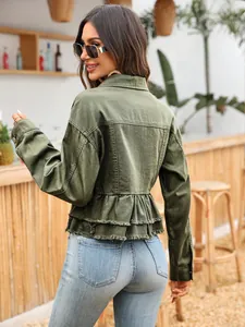 Back view of stylish olive green denim jacket with ruffled hem and raw edge detailing.