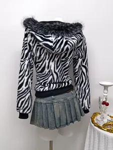 Back view detail of women's zebra print fuzzy hooded jacket with plush faux fur trim