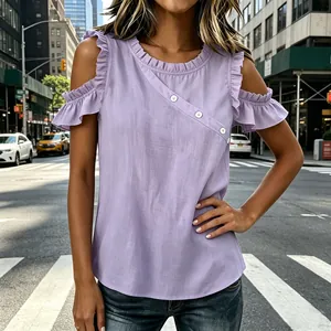 Detailed view of women's lavender cold shoulder top with ruffle sleeves and button accents
