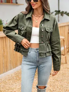 Stylish military green cropped denim jacket featuring a unique tiered ruffle hem design.