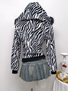 Detailed back view of a zebra print hooded fleece jacket with black faux fur trim