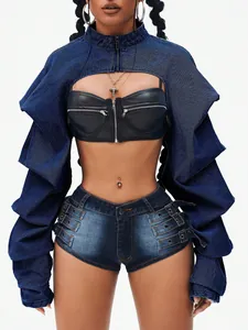 Detailed view of a trendy cropped denim shrug jacket featuring dramatic ruffled sleeves