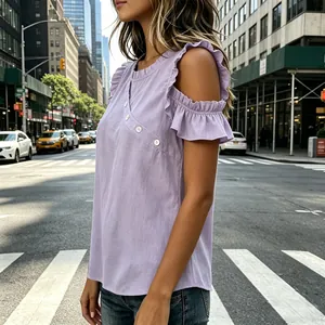 Detailed view of stylish purple cold shoulder top with ruffles and diagonal buttons.