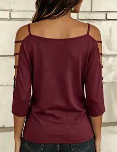 Rear view of maroon cold shoulder top with trendy four-strap cutout sleeve details