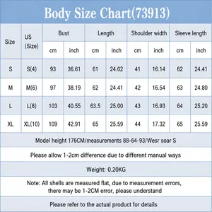 Detailed body size chart for the V-neck long sleeve shirt 73913 in cm and inches