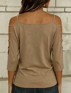 Detailed back view of a khaki cold shoulder T-shirt featuring stylish cutout sleeve design