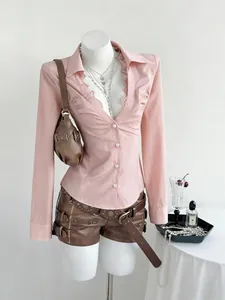 Women's V-Neck Lace Patchwork Long Sleeve Blouse Slim Fit Solid Color Top Office Commuter Fashion Polyester Shirt For Women