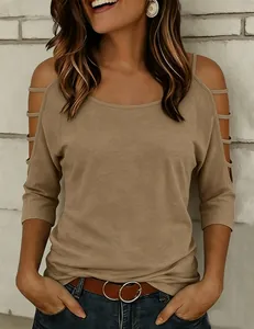 Casual khaki cold-shoulder T-shirt with five-point sleeves and cutout details for women