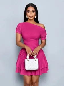 Elegant hot pink one-shoulder mini dress with ruffled hem and ruched texture detail
