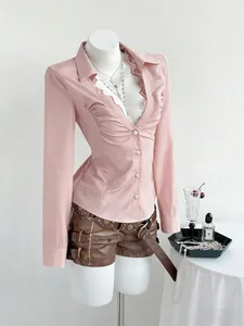 Elegant pink V-neck long-sleeve shirt with lace trim and slim fit silhouette for women