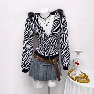 Women Casual Faux Fur Hooded Jacket Black White Zebra Print Long Sleeve Zip Up Fleece Coat Outerwear Top