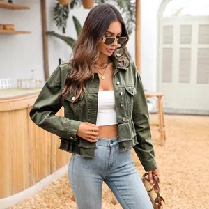Casual olive green denim jacket for women featuring stylish ruffle hem and cropped fit