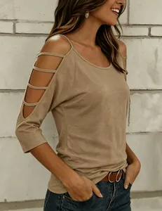 Khaki casual cold shoulder t-shirt with cutout sleeve details and round neck