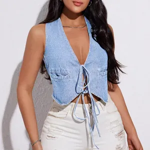 Stylish women's light blue tie-front denim vest featuring a deep V-neck and cropped fit