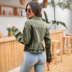 Western style casual olive green denim jacket for women with stylish ruffled hem