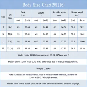 Detailed size chart for V-neck striped slim long-sleeve shirt in cm and inch measurements