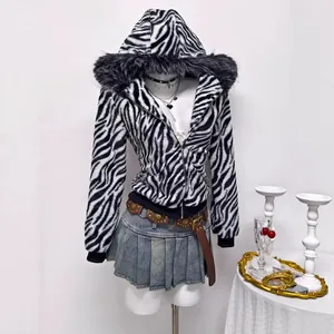 Stylish zebra print hooded jacket with faux fur trim for women, casual winter outerwear