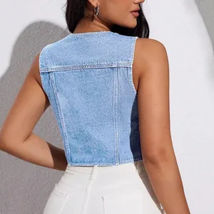 Back view of a stylish light blue sleeveless denim vest for women in a casual summer fashion style.