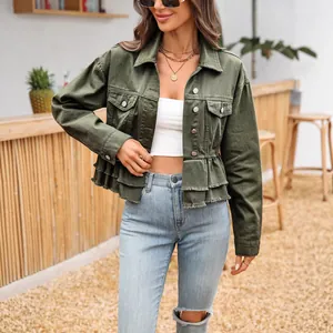 Stylish military green denim jacket with ruffled hem and fringe detail for women