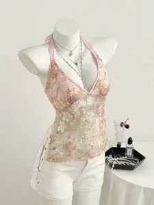 Débardeur Camisole en Dentelle Douce pour Femmes Col en V Dos Nu avec Broderie à Paillettes Florales et Laçage au Dos Été Sexy Sans Dos Fête