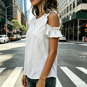 Detailed view of white cold shoulder top with ruffle sleeves and button accents