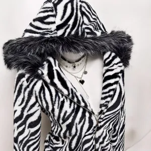 Stylish zebra print plush jacket featuring black faux fur hood trim and zip-up front for women