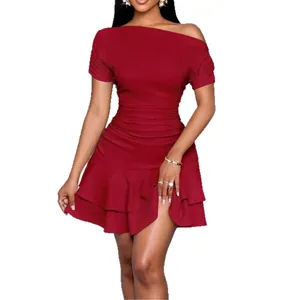 Elegant burgundy one-shoulder mini dress with ruffled hem and ruched texture for summer.