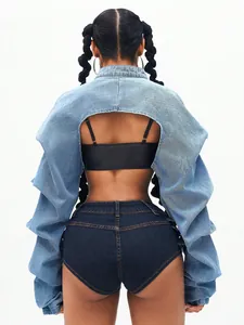 Back view of a trendy super short denim bolero jacket in light blue wash and shorts