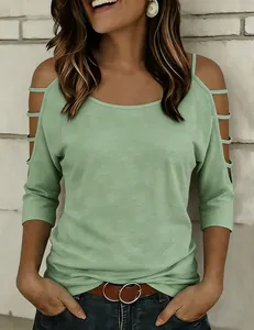 Stylish sage green cold shoulder t-shirt with half sleeves and cutout strap detail