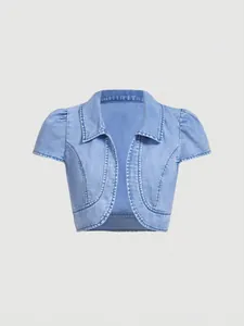 Giacca di Jeans Cropped da Donna Manica Corta a Sbuffo Lavata Blu Bolero Top Vintage Streetwear Casual Capispalla