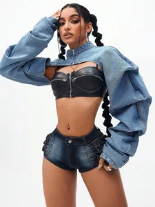 Fashionable street style ultra-short women's denim jacket shrug with high collar
